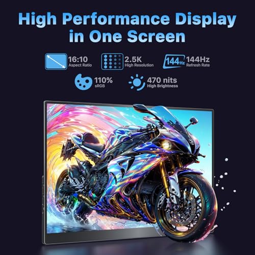 VisionOwl Portable Monitor 16 Inch 2.5K QHD 144Hz 16:10 Second Screen, USB-C HDMI HDR Travel Monitor for Laptop PC MacBook PS5 Xbox, VESA Mountable, with Speakers, Built-in Kickstand - size: 16 inch