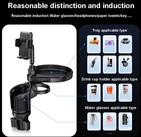 4-in-1 Car Cup Holder Expander with 360° Swivel Tray, Universal Adjustable Base for Large Mugs and Bottles, Integrated Smartphone Mount for Food and Snacks, Black