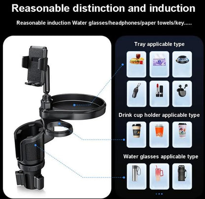 4-in-1 Car Cup Holder Expander with 360° Swivel Tray, Universal Adjustable Base for Large Mugs and Bottles, Integrated Smartphone Mount for Food and Snacks, Black