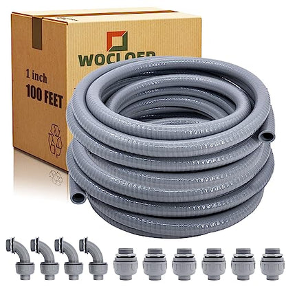 Liquid-Tight Conduit - 1inch 100 Foot Flexible Non Metallic Liquid Tight Electrical Conduit Kit, with 6 Straight and 4 Angle Fittings Included. 1" Dia - size: 1inch 100Ft