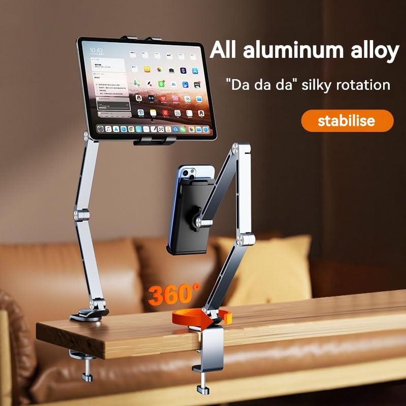 Rotatable Holder Stand Tablet Holder Multi-Angle Design Phone Clip Swivel Mount Desktop Aluminum Alloy Cantilever Bed Desk Home Live Folding Bracket Compatible with 4"-13" Phone Tablet (Gray) - color: Gray