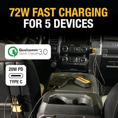 DEWALT Heavy Duty 72W 5 Port USB Car Charger Multiport w/ 6FT Cable