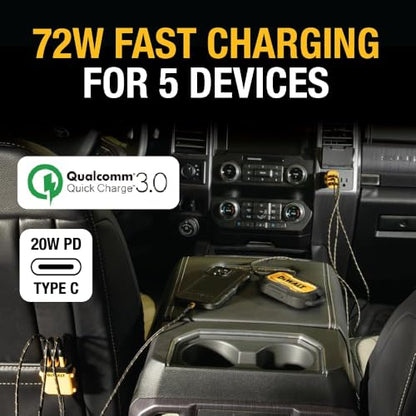 DEWALT Heavy Duty 72W 5 Port USB Car Charger Multiport w/ 6FT Cable