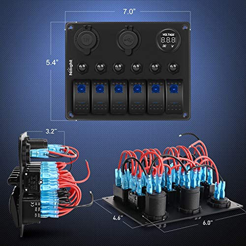 Nilight 6 Gang ON Off Rocker Switch Panel 12V Voltmeter Dual USB Charger Cigarette Lighter Socket For RV Truck Boat , 2 Years Warranty - color: Blue, size: 6+3 Gang Dual USB