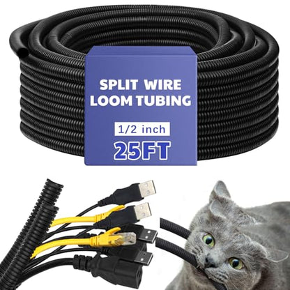 Kanayu 1/2''-25 Ft Split Wire Loom Tubing, Black Flame Retardant - color: Black, size: 1/2''-25 Ft