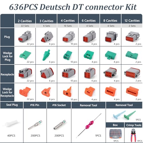 Newdeli 636PCS Deutsch Connector Kit 2 3 4 6 8 12 Pin DT Connectors with Deutsch Crimp Tool(14-20AWG) and Pin Removal Tool Size 16 Solid Contacts Waterproof Automotive Electrical Wire Connectors - size: DT Connector 636 Pcs Multi-Pin Kit