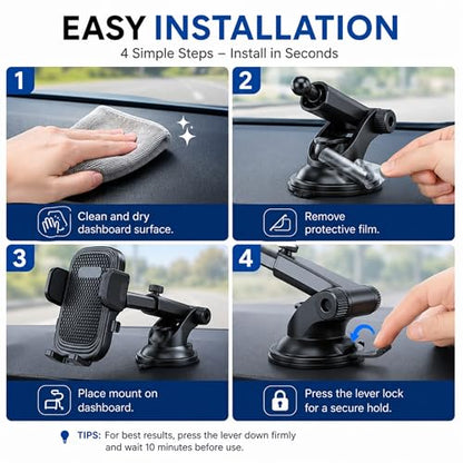 Wireless City Car Phone Holder, Ultra Stable, Big Phones & Thick Case Friendly, Adjustable Long Arm Cell Phone Holder for Car Dashboard Windshield Car Mount