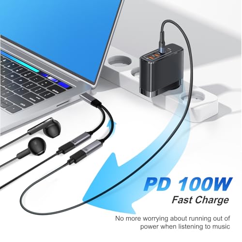 USB C Splitter，2 in 1 USB C Headphone and Charger Adapter Audio Dongle Cable with PD 100W for iPhone 16 15 Pro Max, Pixel 9 8 7, Galaxy S24 S23 S22, iPad Pro