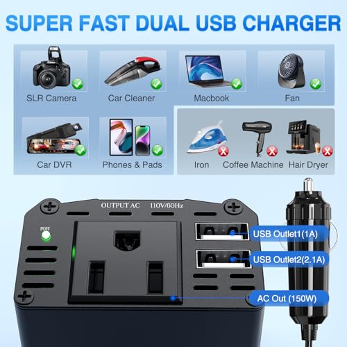 Nilight 150W Power Inverter with 3.1A Dual USB Ports and 1 AC Outlets - color: 150W USB*2 110V Outlet