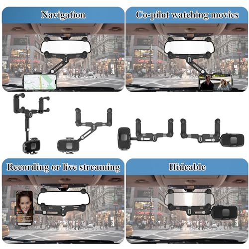 Car Phone Holder Mount, Rear View Mirror Phone Holder, Rotatable and Retractable Phone Holders for Your Car Compatible with iPhone Samsung All 4-7 Inch Cell Phones - style: Clamp