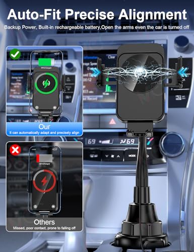 Cup Holder Phone Holder, 15W Wireless Car Charger Holder Fast Charging - color: Black