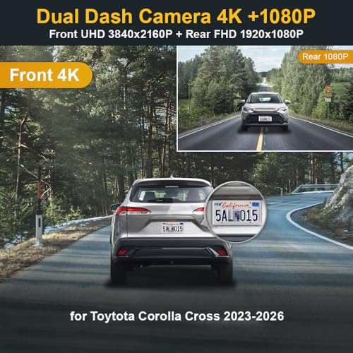 Fitcamx Front 4K+Rear 1080P Dash Cam Adapts for Toyota Corolla Cross 2023-2026 (NOT Corolla), OEM Style, Built-in WiFi & APP, Dual HD Video, Loop Recording, G-Sensor, Easy to Set, 128GB Card - style: Front 4K+Rear 1080P