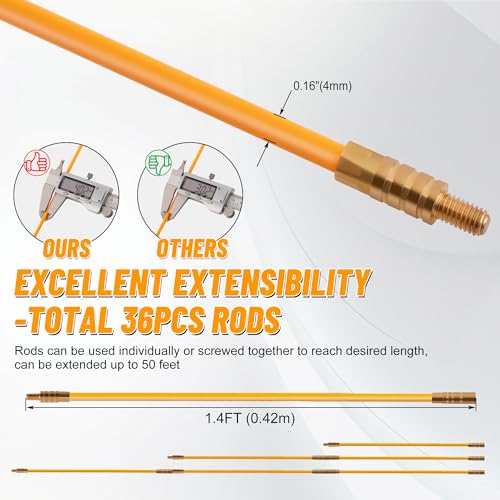 KOOTANS 50FT Fiberglass Running Electrical Wire Cable Glow Rods Wire Pulling Tools Fish Tape Wire Puller Through Wall Snake for Wires Cable Fishing Rod Kit with Different Attachments - color: 50FT