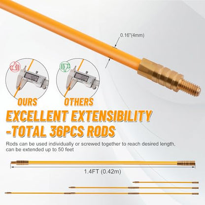 KOOTANS 50FT Fiberglass Running Electrical Wire Cable Glow Rods Wire Pulling Tools Fish Tape Wire Puller Through Wall Snake for Wires Cable Fishing Rod Kit with Different Attachments - color: 50FT