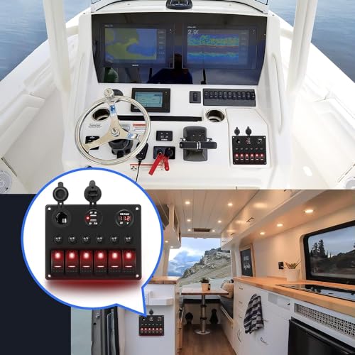 Nilight 6 Gang Rocker Switch Panel On Off with Resettable Circuit Breaker - color: Red, size: 6+3 Gang Dual USB