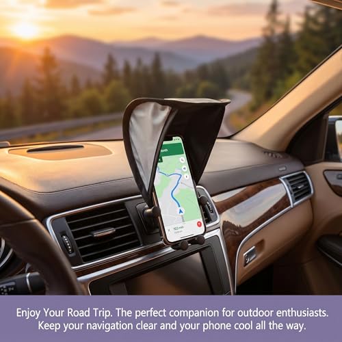 Car Cell Phone Sun Shade, Reflective Anti-glare & Heat Shield for Most Smartphones, Vertical Foldable Dashboard Navigation Holder Umbrella, Portable Protection Cover for Most Cars (Black)