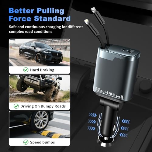 84W Retractable Car Charger, 4-in-1 Car Charger Adapter USB C Fast Charge - size: 1 Pack