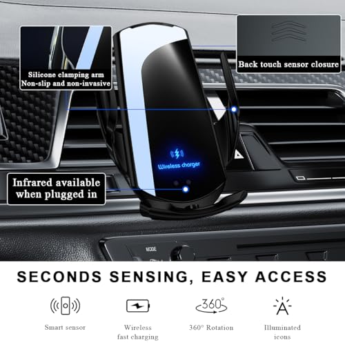 Wireless Car Charger, 15W Fast Charging Air Vent Mount Auto-Clamping Phone Holder, Automotive Electric Induction Charger 360° Rotating Magnetic Vent Mount Bracket for Smartphones (Black) - color: Black
