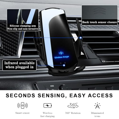 Wireless Car Charger, 15W Fast Charging Air Vent Mount Auto-Clamping Phone Holder, Automotive Electric Induction Charger 360° Rotating Magnetic Vent Mount Bracket for Smartphones (Black) - color: Black