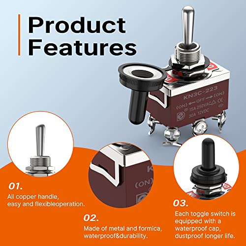 Joinfworld Momentary Toggle Switch 12V DC 3 Way 30 Amp DPDT 6 Pin (ON)-Off-(ON) Waterproof Marine Toggle Switch 12 Volt Heavy Duty with Boot Cover Cap for Automotive Boat Auto Air Train - 4Pack - style: (ON)-OFF-(ON)