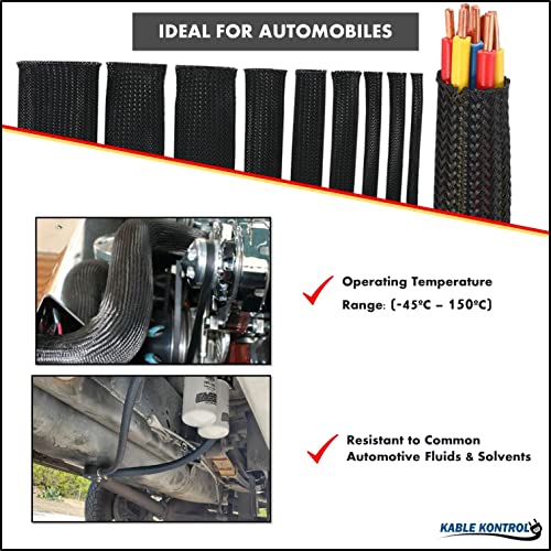 Kable Kontrol Cable Sleeve Expandable Nylon Braided Sleeving - 1/4” Inch – 25’ Feet – Automotive Wire Loom, Cable Wrap, Cord Protector from Pets, Cable Management - Black - size: 0.25" - 25' Feet