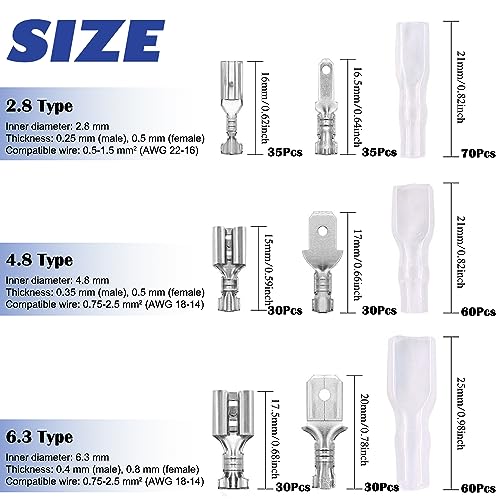 Tnisesm 380Pcs Quick Splice 2.8/4.8/6.3mm Male and Female Wire Spade Connector Wire Crimp Terminal Block with Insulating Sleeve Assortment Kit for Car Audio Speaker Electrical Wiring TN-T02