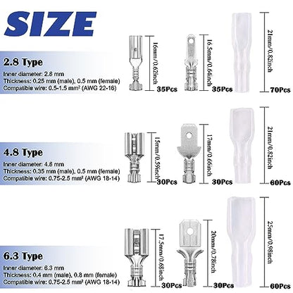 Tnisesm 380Pcs Quick Splice 2.8/4.8/6.3mm Male and Female Wire Spade Connector Wire Crimp Terminal Block with Insulating Sleeve Assortment Kit for Car Audio Speaker Electrical Wiring TN-T02