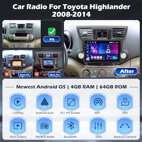 4+64G 10'' Android 15 Car Stereo for Toyota Highlander 2008-2014