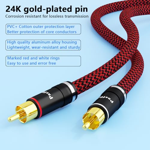 Preffair 2PCS/1 Pair Single Male to Male RCA Cable Interconnect Wires HiFi Stereo RCA Cables 4 Strands Pure Copper Shielded Audio Lines (6.6FT/2M, Gold Plated) - color: red-black, size: 6.6FT/2M