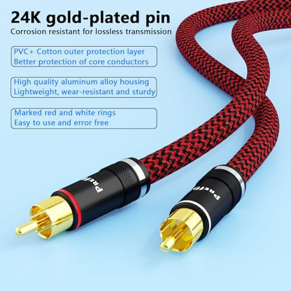 Preffair 2PCS/1 Pair Single Male to Male RCA Cable Interconnect Wires HiFi Stereo RCA Cables 4 Strands Pure Copper Shielded Audio Lines (6.6FT/2M, Gold Plated) - color: red-black, size: 6.6FT/2M
