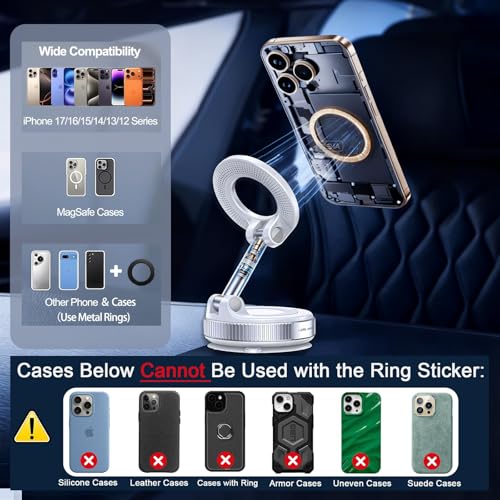 Upgraded Vacuum Magnetic car PhoneHolder, Strongest Suction Cup Phone Holder, 720°Foldable car Holder, Suitable forCars/Mirrors/Smooth Surface, Compatible withiPhone and Android (White) - color: White