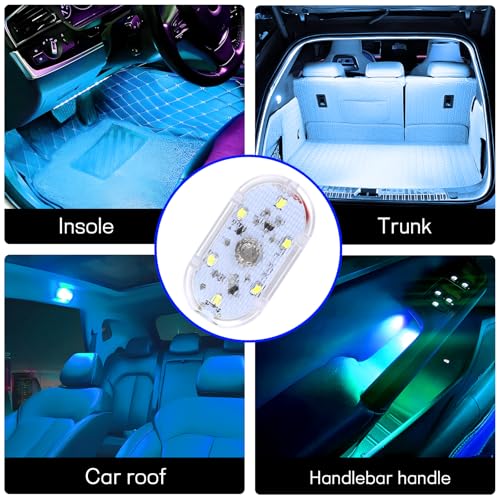 2 PCS Car LED Lights Interior Wireless, Super Bright Auto Interior Ambient Light with 6 Bright LED Lamp Beads, Portable USB Rechargeable Car Led Night Light for Vehicle Decor(Ice Blue)