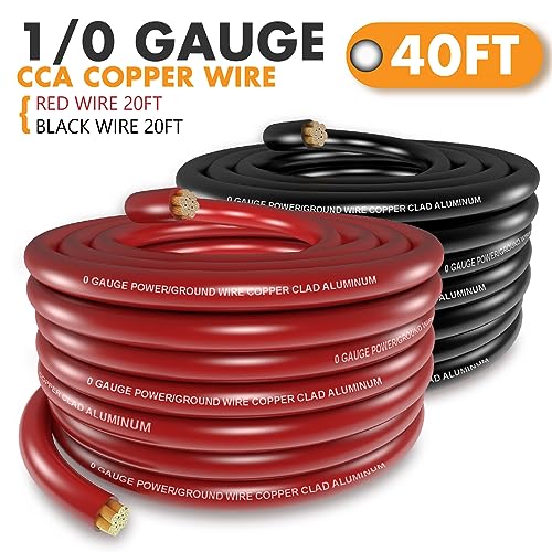 Jeemiter 1/0 Gauge CCA Wire Kit 20ft Red & Black - Car Amp Power/Ground Cable,Battery Cable with Wire Cutter,Lug Terminal Connectors & Heat Shrink Tube | for Big 3 Upgrade,Solar,RV,Marine,Subwoofer - size: 40FT Wire + Cutter