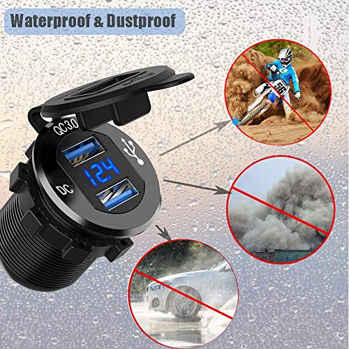 Quick Charge 3.0 Dual USB Car Charger Socket 12V/24V 36W QC3.0 Dual USB Fast Charger Aluminum Socket Power Outlet with LED Voltmeter for Marine, Boat, Motorcycle, Truck, Golf Cart - color: Blue