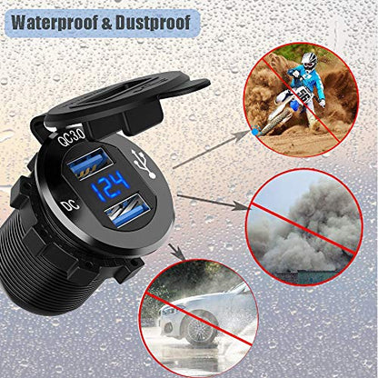 Quick Charge 3.0 Dual USB Car Charger Socket 12V/24V 36W QC3.0 Dual USB Fast Charger Aluminum Socket Power Outlet with LED Voltmeter for Marine, Boat, Motorcycle, Truck, Golf Cart - color: Blue