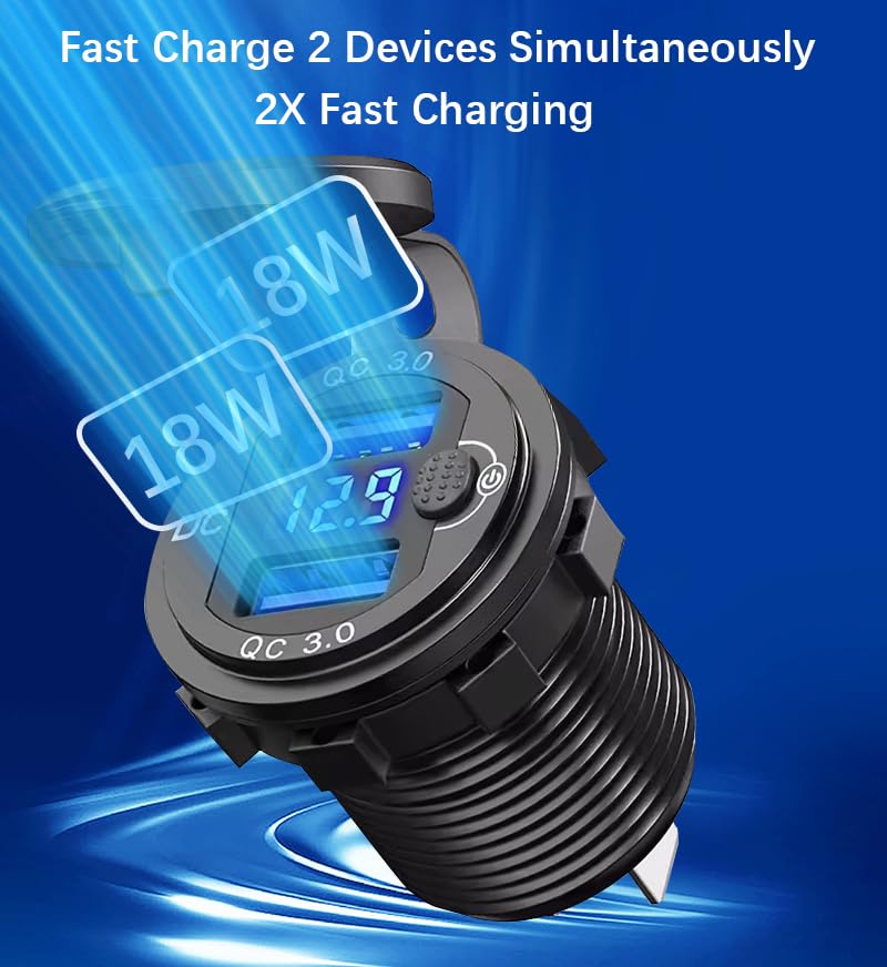 12V USB C Outlet Dual QC 18W Aluminum Voltmeter Switch Waterproof Marine