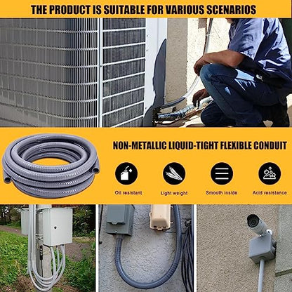 Liquid-Tight Conduit - 1inch 100 Foot Flexible Non Metallic Liquid Tight Electrical Conduit Kit, with 6 Straight and 4 Angle Fittings Included. 1" Dia - size: 1inch 100Ft