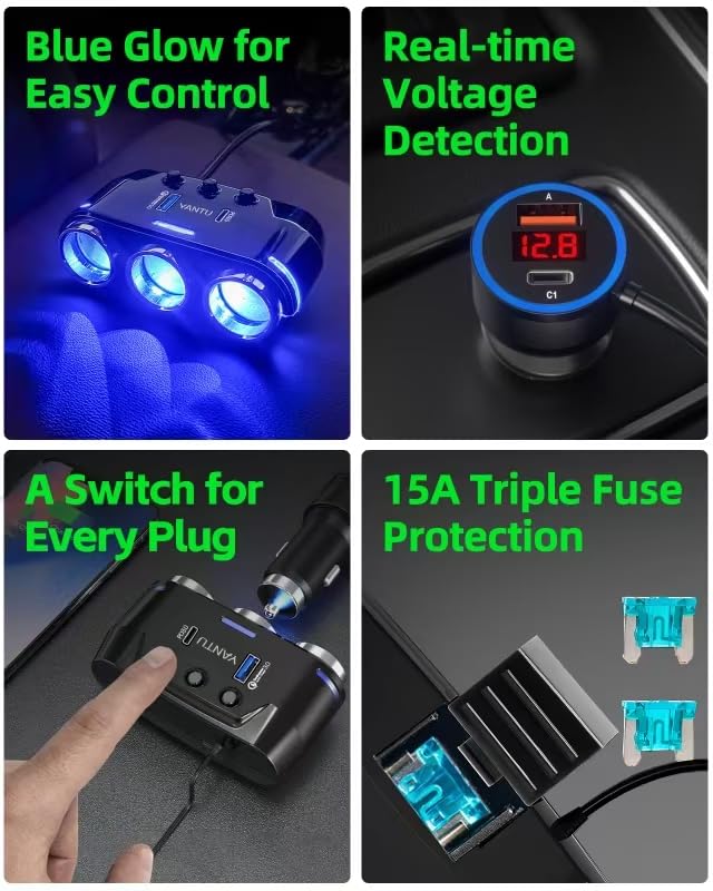 YANTU Cigarette Lighter Adapter/Splitter with PD&QC3.0 230W,Double/Dual USB C Car Charger Fast Charging 12V Outlet,Multi Socket Splitter with Ambient Lights/Independent Switches for Cars/Trucks/RVs - color: 212W-B40