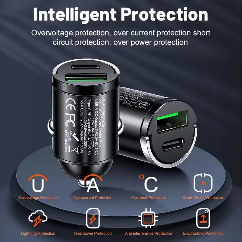66W Car Fast Charger Dual USB-A USB-C Mini Metal Ring Design Stable Power Protection for Smartphones GPS Tachographs, Black
