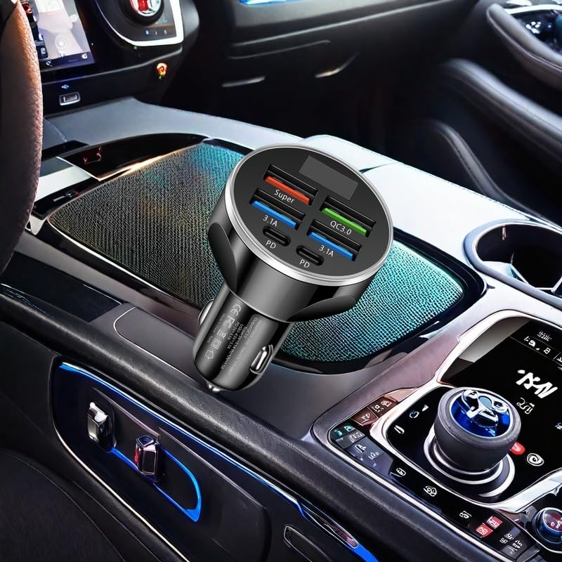 MESA'S LIVE 6-Port Car Charger USB C, 100W Max PD 65W QC3.0 Fast Charging, LED Voltage Display, 12/24V for Car/Truck/RV, Compatible with iPhone 16/Samsung/Tablet/Laptop