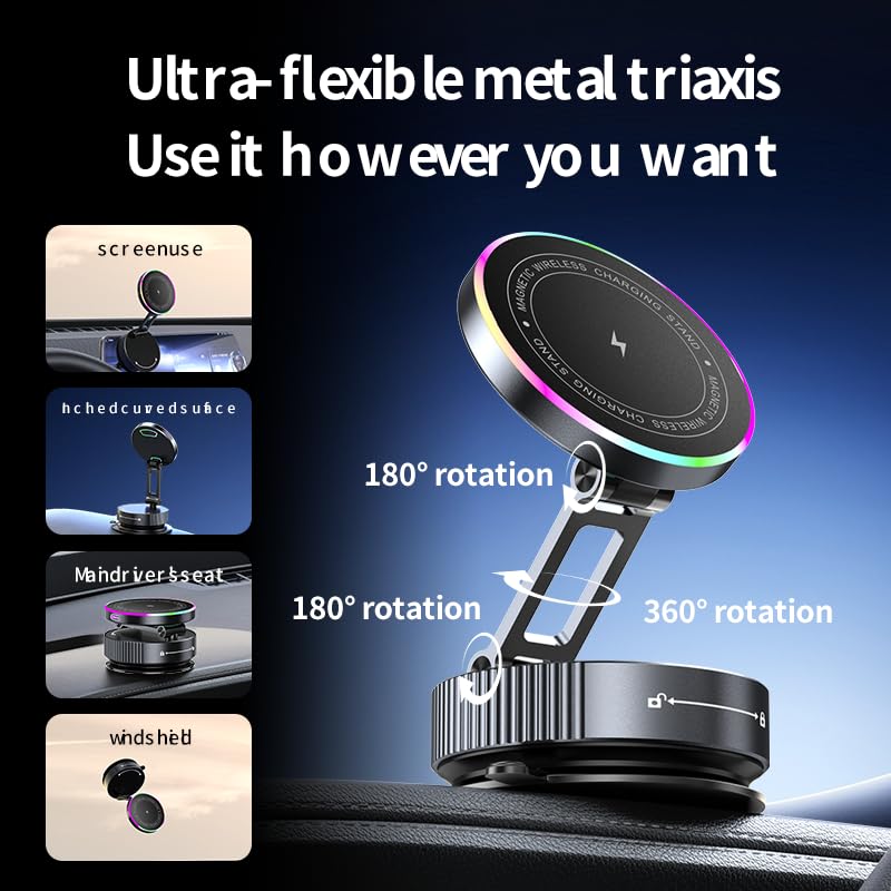 Magsafe Car Mount Charger, 15W Fast Wireless Charging with Intelligent Cooling, 120LBS Ultra Suction Vacuum Magnetic Phone Holder, 780 Adjustable Metal Arm for iPhone 17 16 Air Pro Max