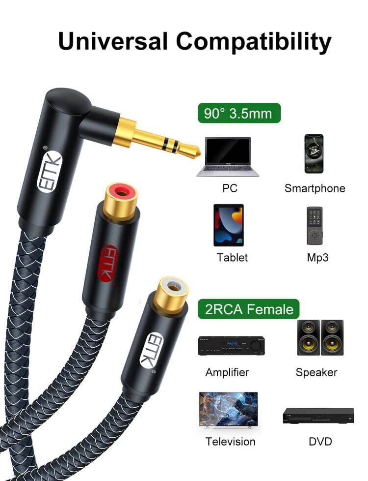 EMK 3.5mm to RCA Stereo Audio Cable - Gold Plated, 90° Aux Male to 2RCA Female, 6ft/2M - Compatible with Smartphones, MP3, Tablets, Speakers, Home Theater - color: 90° 3.5mm Male to 2 RCA Female, size: 6 Ft/2M, style: 3.5mm to 2RCA