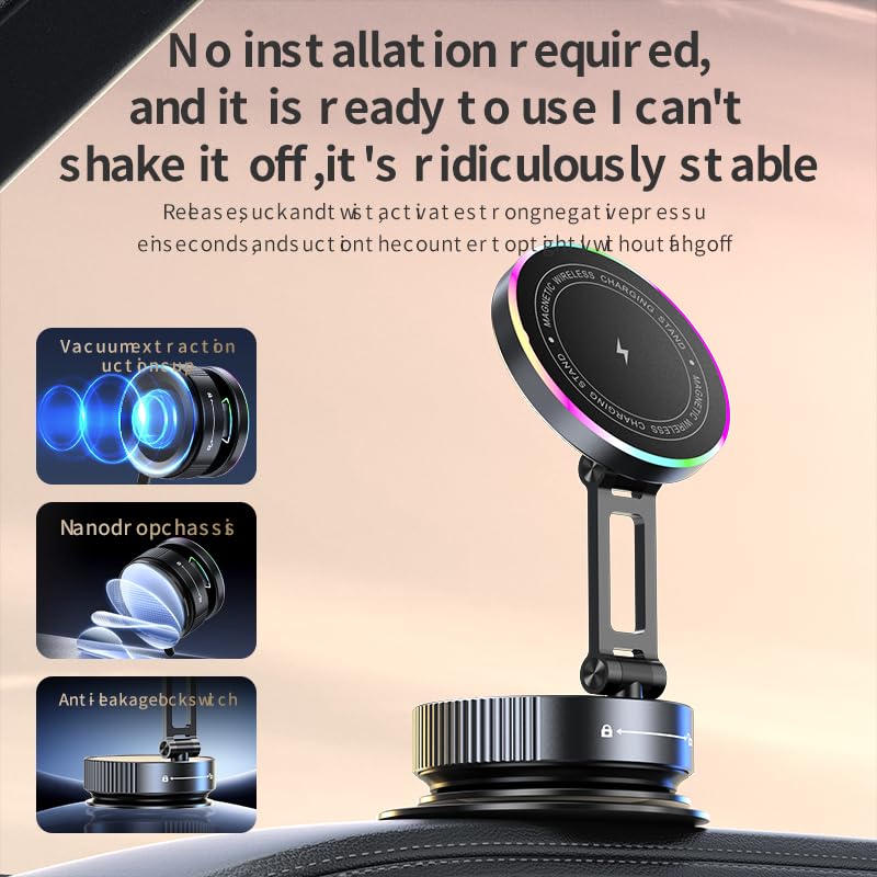 Magsafe Car Mount Charger, 15W Fast Wireless Charging with Intelligent Cooling, 120LBS Ultra Suction Vacuum Magnetic Phone Holder, 780 Adjustable Metal Arm for iPhone 17 16 Air Pro Max