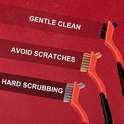 MAXMAN Wire Brush Set 3Pcs, Small Scratch Brush, Rust Scrub Detailing - style: 3 PCS Brass/Stainless Steel/Nylon Bristles Red