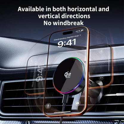 for MagSafe Car Wireless Charger, 25W Qi2 Magnetic Car Vent Mount Charger, Compatible with iPhone Series, Built-in Cooling Fan, RGB Light, Strong Magnet & 360° Rotation Car Phone Holder Charger