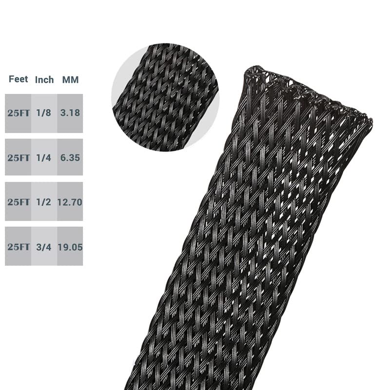 25ft-1/4inch PET Expandable Braided Sleeving Wire Loom Cable Sleeves Automotive Wire Sleeve Cable Management Wrap Wire Protector Tubing Desk Wire Organizer for Home, Office, Audio HDMI Cable, Black