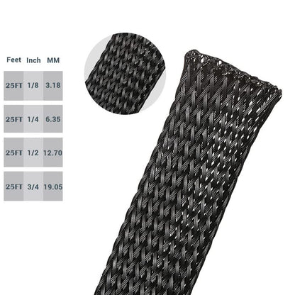 25ft-1/4inch PET Expandable Braided Sleeving Wire Loom Cable Sleeves Automotive Wire Sleeve Cable Management Wrap Wire Protector Tubing Desk Wire Organizer for Home, Office, Audio HDMI Cable, Black
