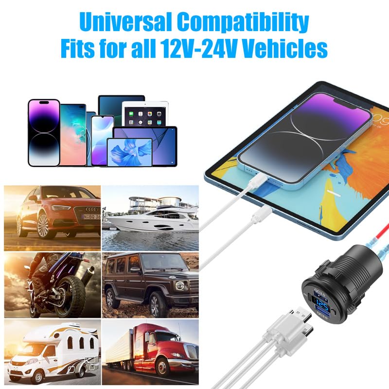 2 pack 12V USB C Outlet Marine USB Charging Port for Car, Dual Quick Charge 3.0 & PD 3.0 Car Charger Socket with Button Switch and Voltmeter, Cigarette Lighter Replacement DIY Kit for 12V/24V Vehicles - color: 2 pack