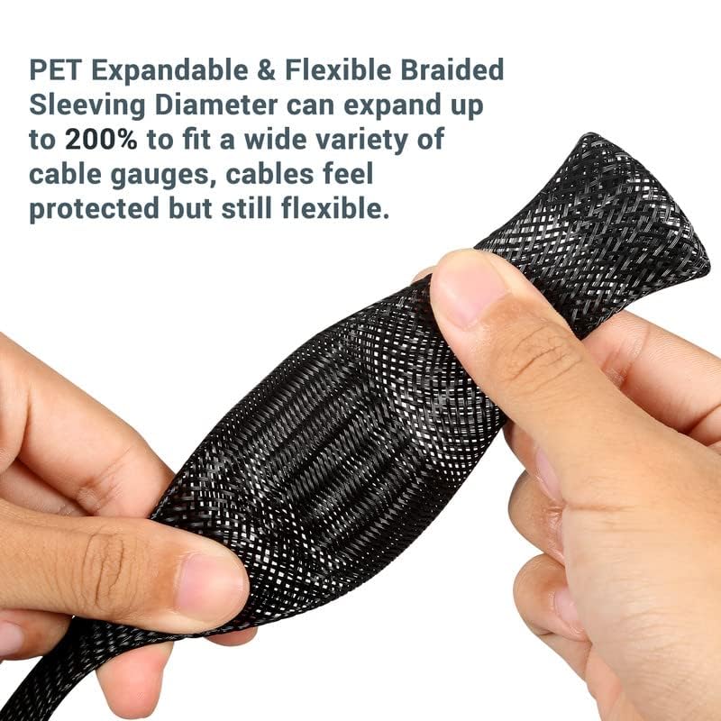 Aibole 100ft 1/4 inch PET Expandable Braided Cable Sleeve Wire Loom, Wire Sleeving for Home Device Cable Automotive and Engine Bay - Black