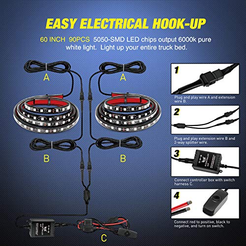 Nilight - TL-31 2PCS 60Inch RGB Truck Bed Light Strip Kit 180 LED RF Remote Control with On Off Switch Blade Fuse 2Way Splitter Extension Cable for Cargo Pickup Truck SUV RV Boat, 2 Years Warranty | 180 LED Cargo Light Strips with On/Off Switch, Fuse, Spl